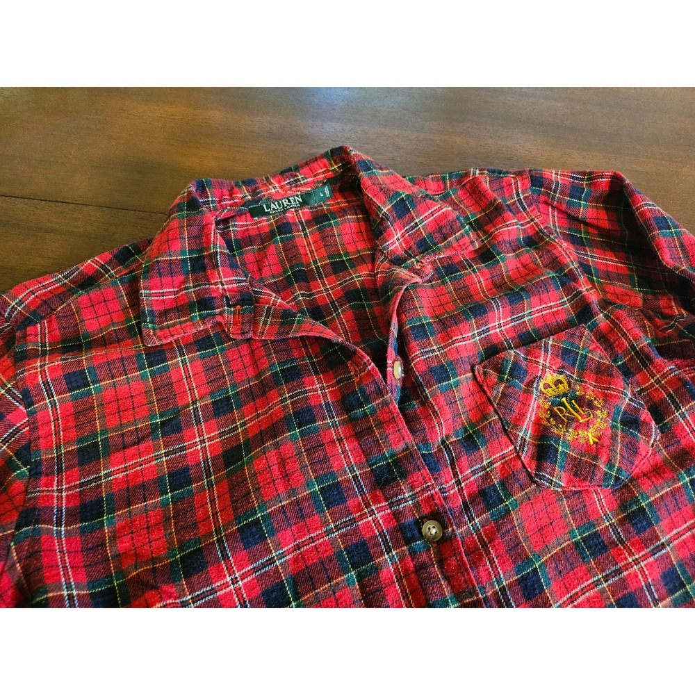 Lauren Ralph Lauren Nightshirt Women L Red Plaid Flannel Crest Button Front